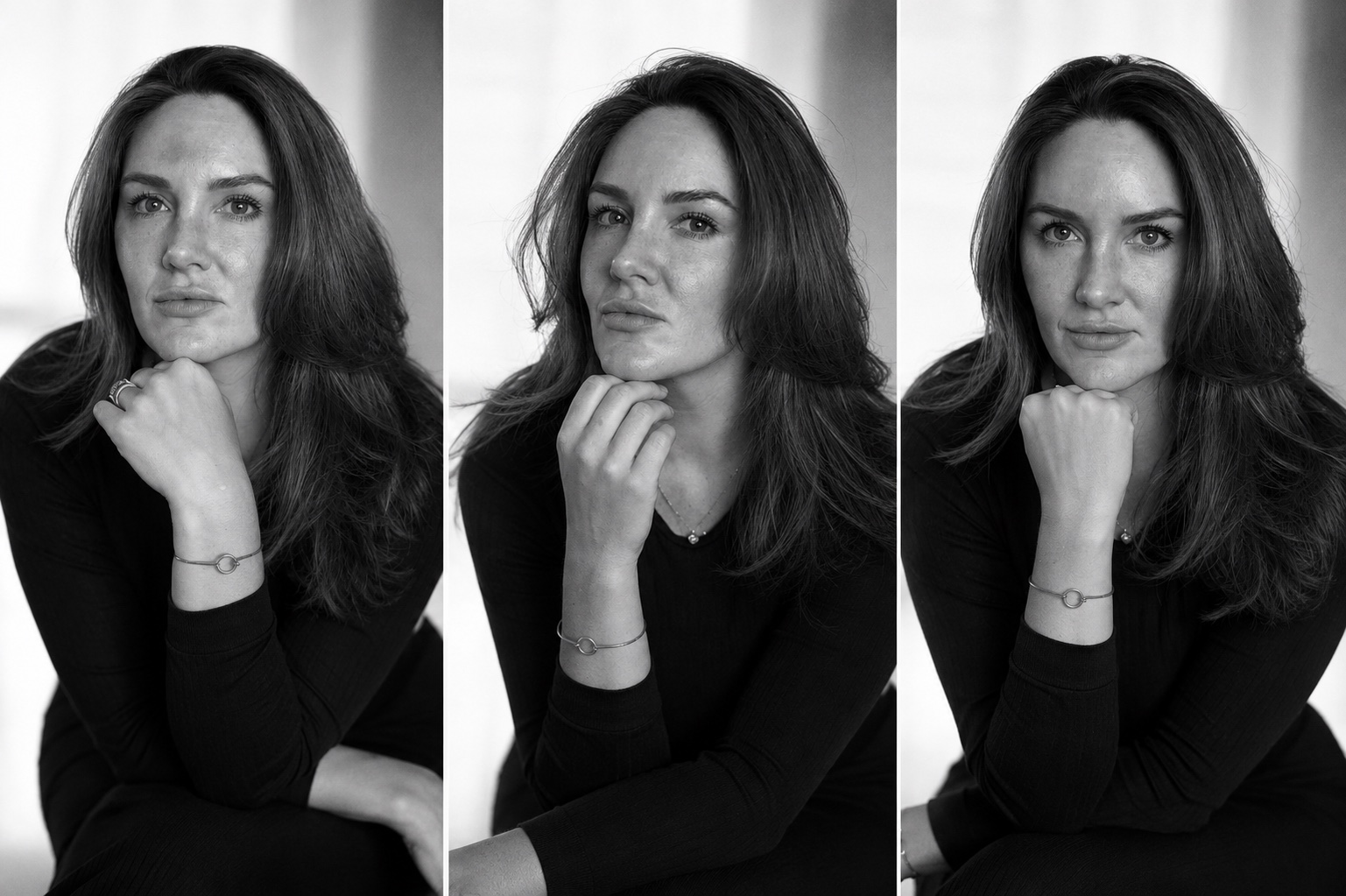 A sequence of three black-and-white portraits of Kellsie